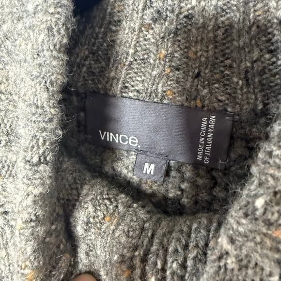 Vince men's gray wool blend chunky cable knit button mock neck sweater - Picture 3 of 4